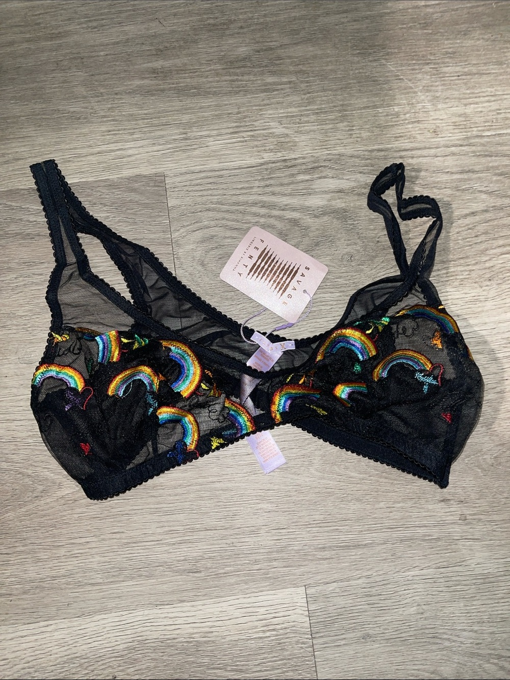 Savage X Fenty Black Sheer Bralette with Rainbow Embroidery- pride